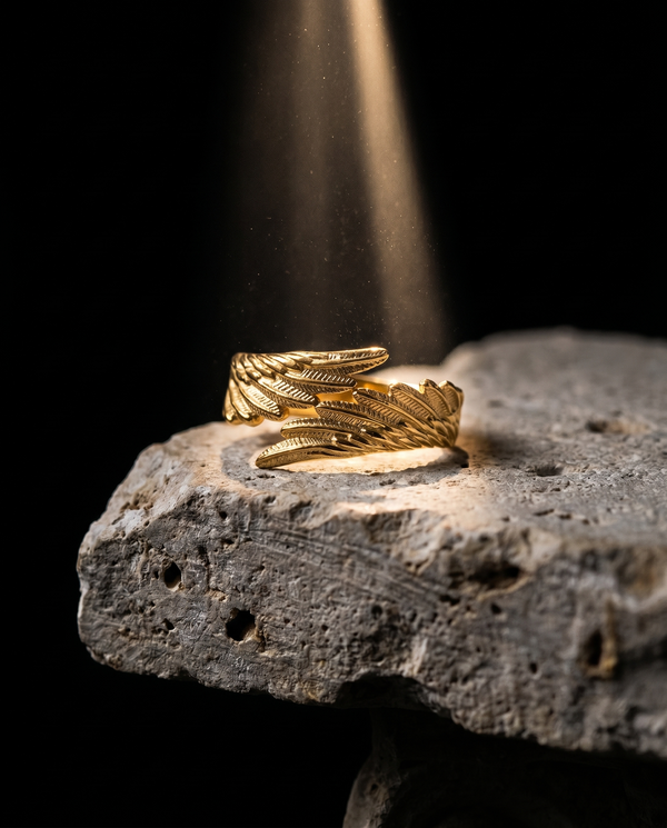 Refuge — gold wrap band, feathered angel wing