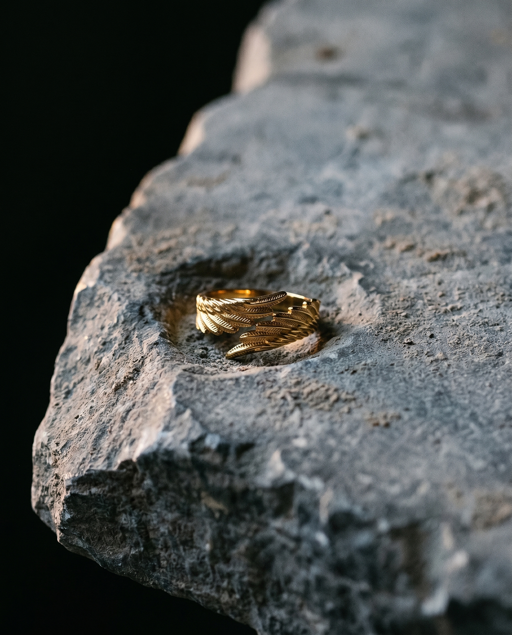 Refuge — gold wrap band, feathered angel wing