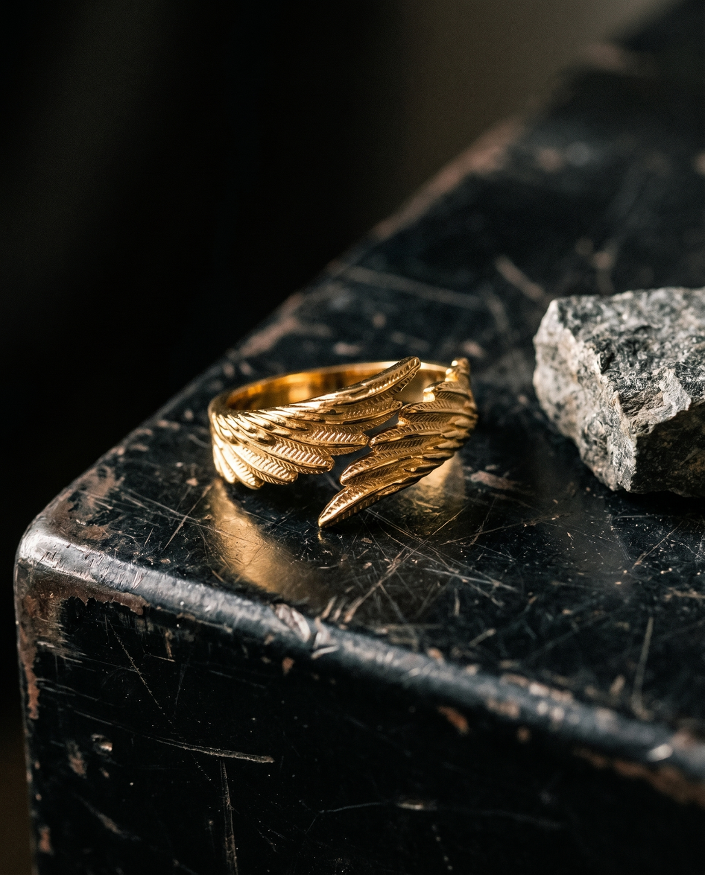 Refuge — gold wrap band, feathered angel wing