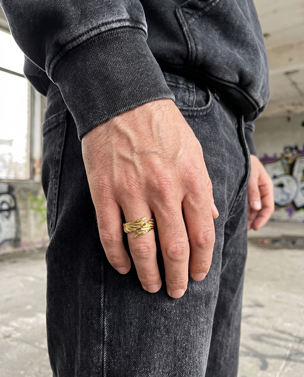 Refuge — gold wrap band, feathered angel wing