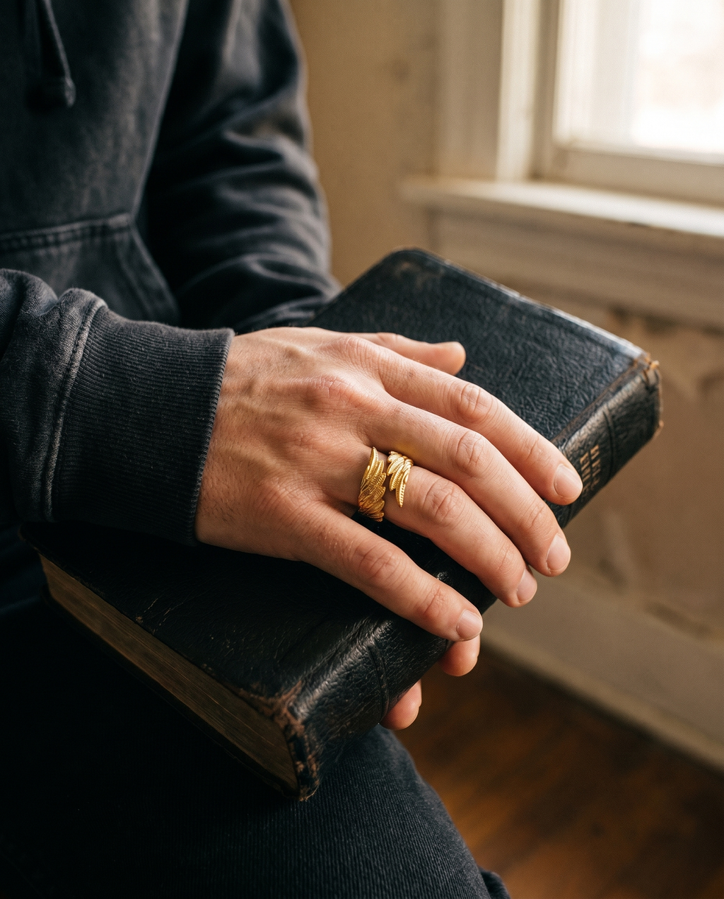 Refuge — gold wrap band, feathered angel wing
