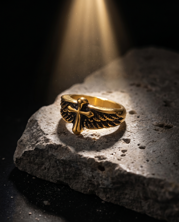 Sanctuary — gold plain cross over spread angel WINGS