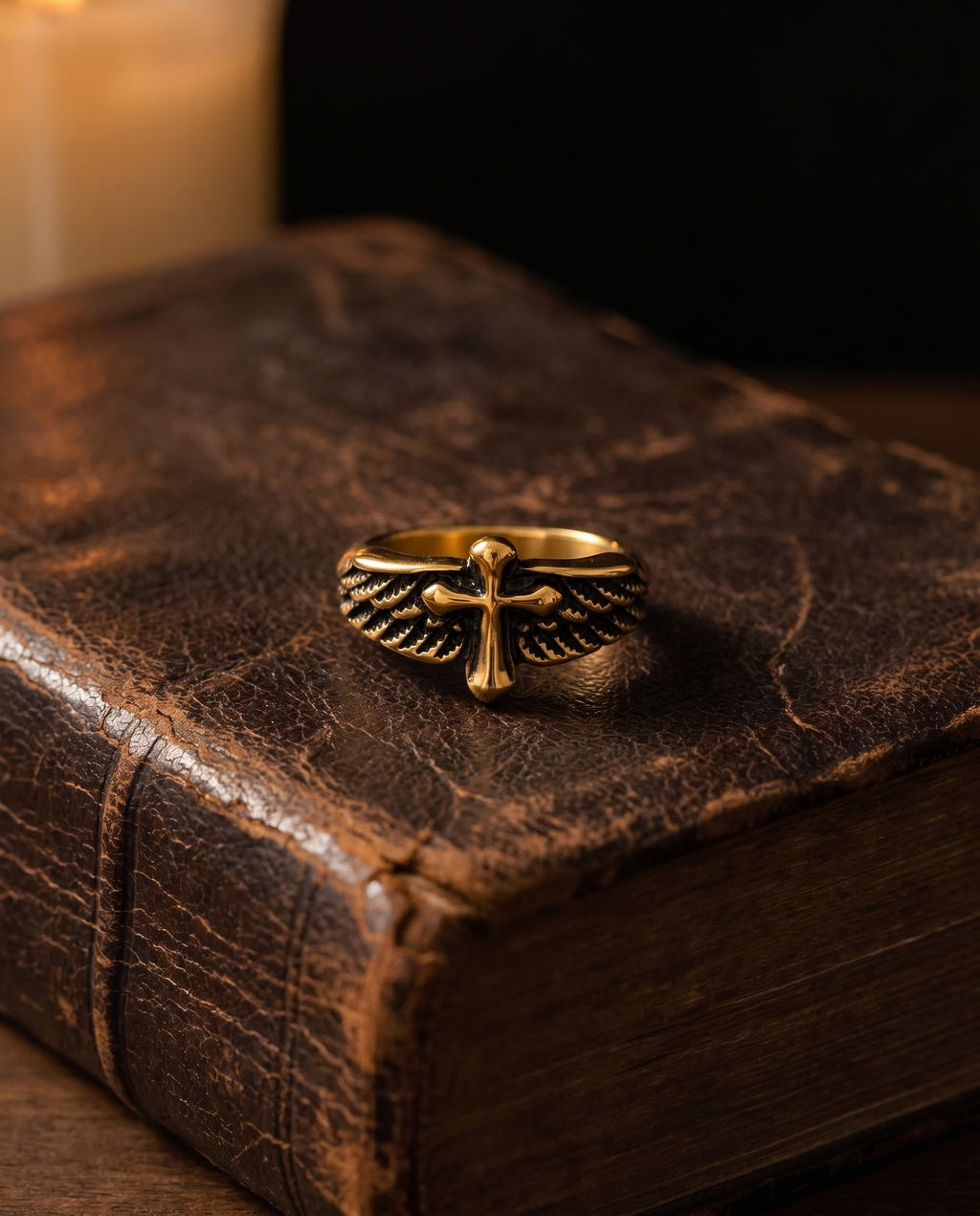 Sanctuary — gold plain cross over spread angel WINGS