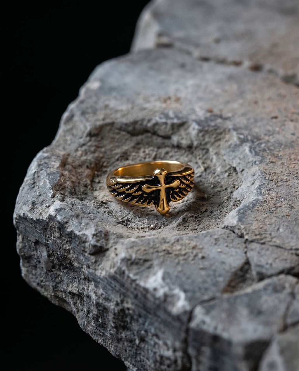 Sanctuary — gold plain cross over spread angel WINGS