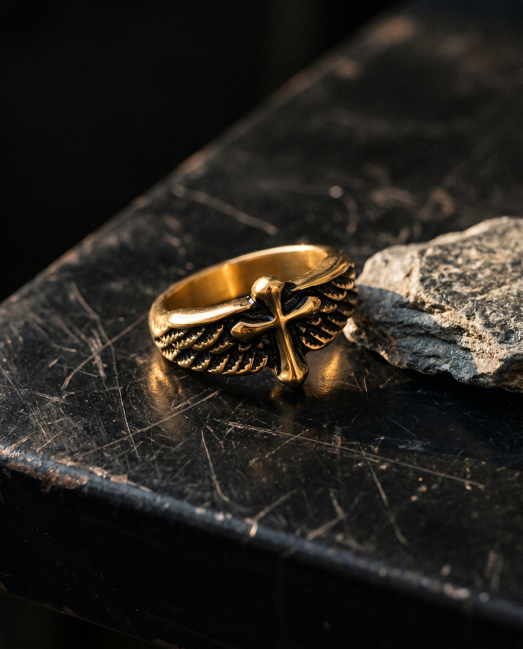 Sanctuary — gold plain cross over spread angel WINGS