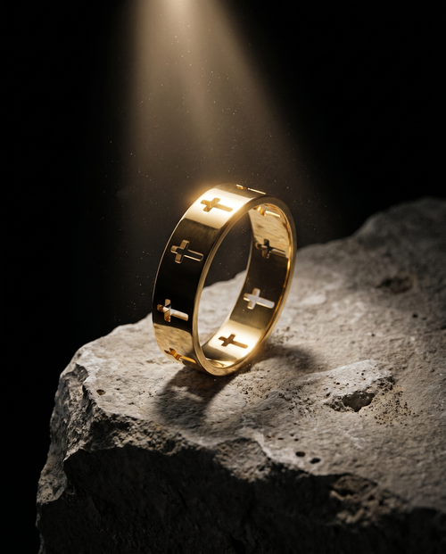 Devotion — gold pierced band of cut-out crosses