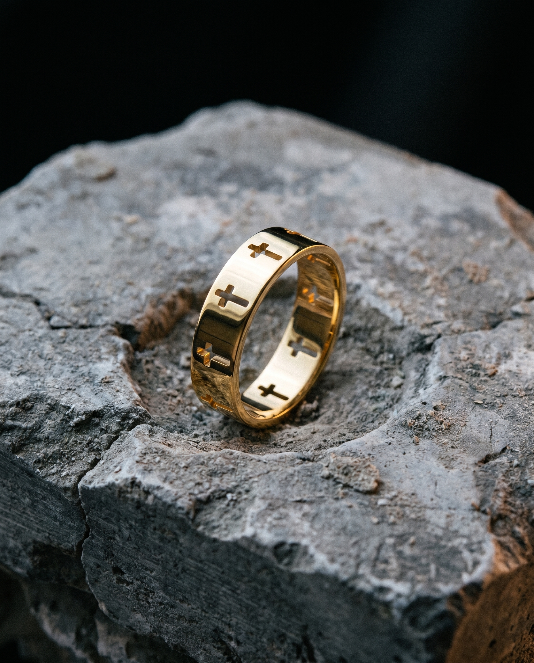 Devotion — gold pierced band of cut-out crosses