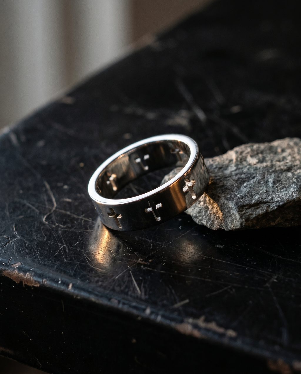 Devotion — gold pierced band of cut-out crosses