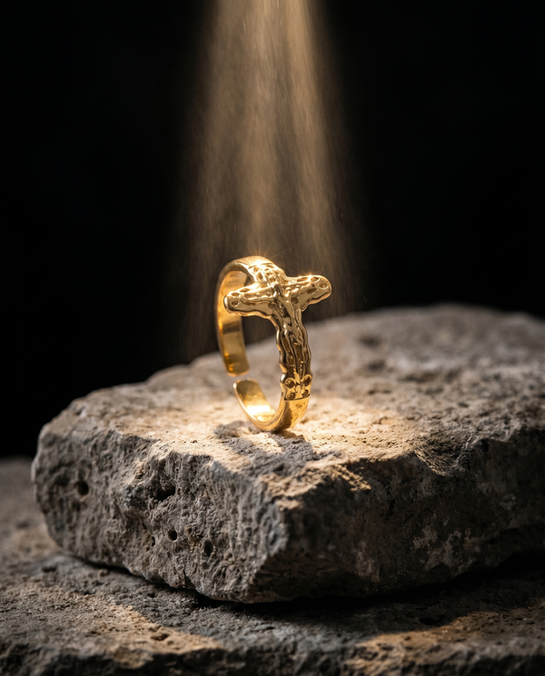 Redeemer — gold open cuff, gold crucifix (no black stone)