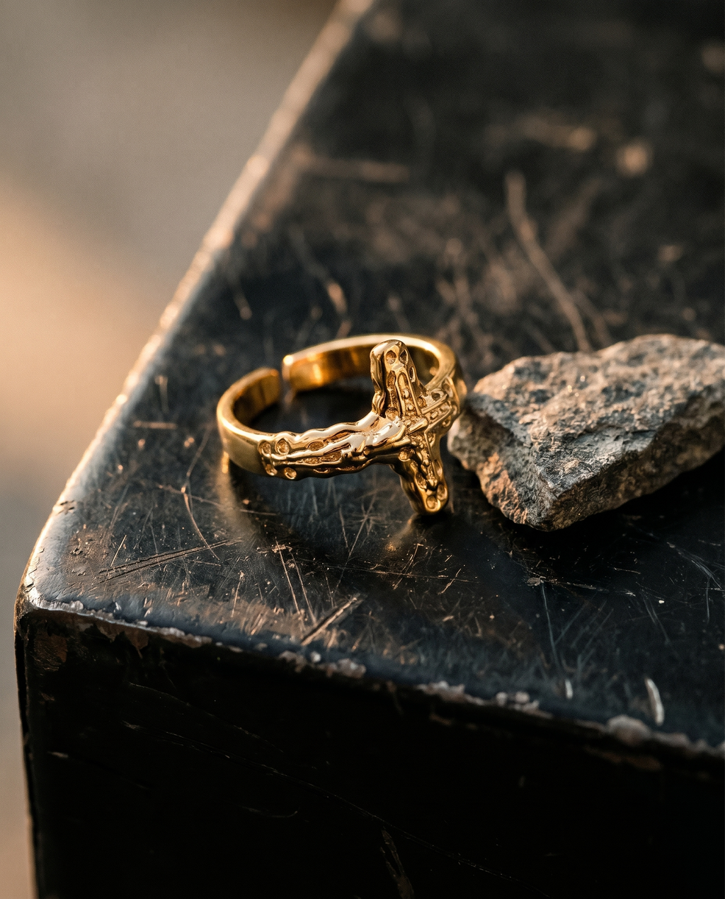 Redeemer — gold open cuff, gold crucifix (no black stone)
