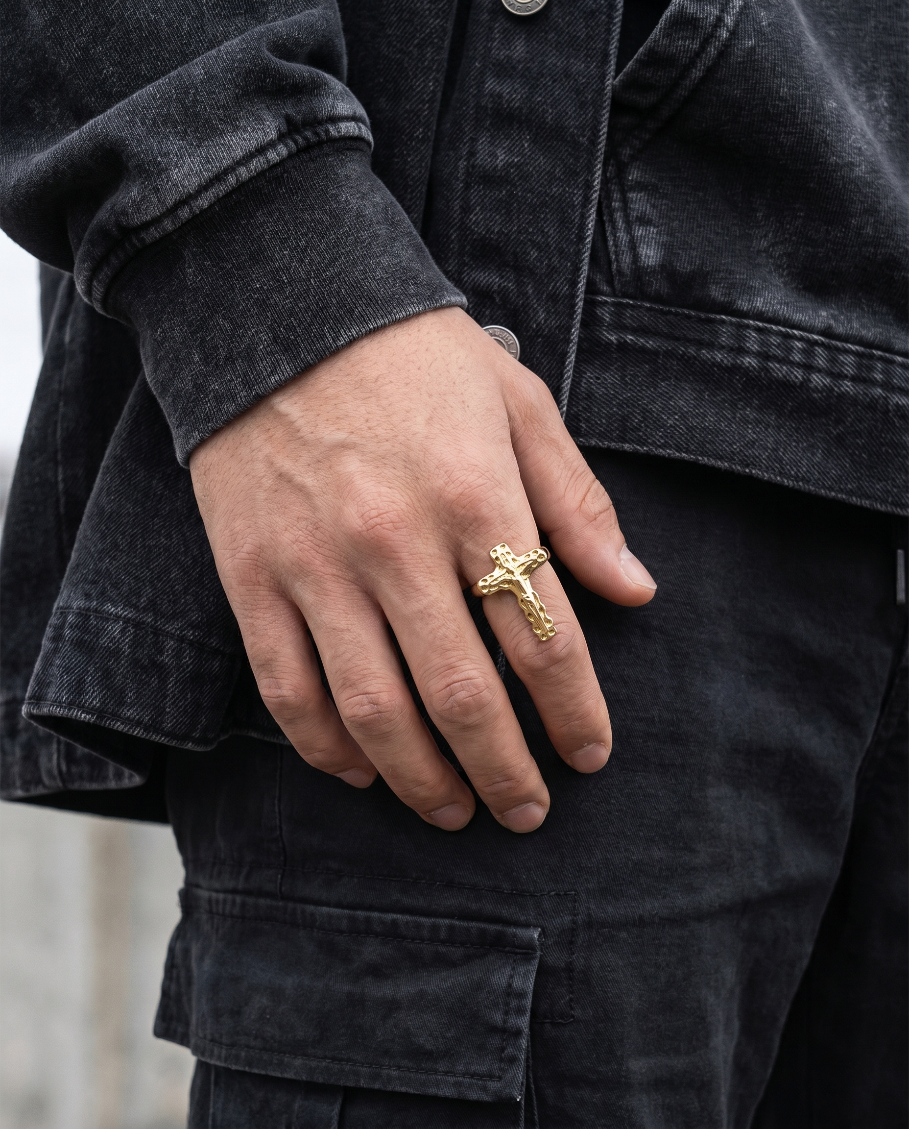 Redeemer — gold open cuff, gold crucifix (no black stone)