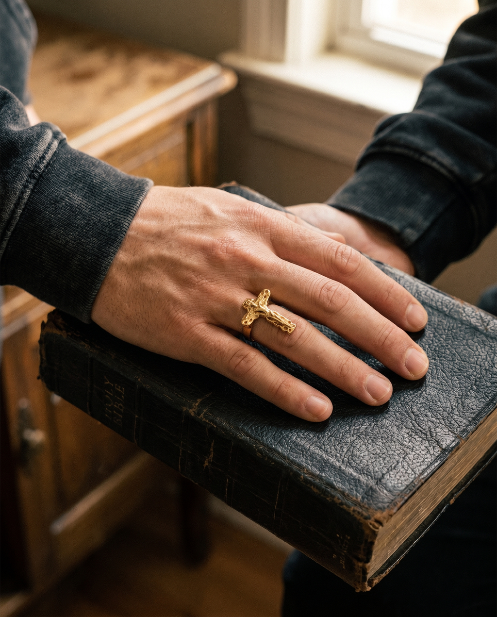 Redeemer — gold open cuff, gold crucifix (no black stone)