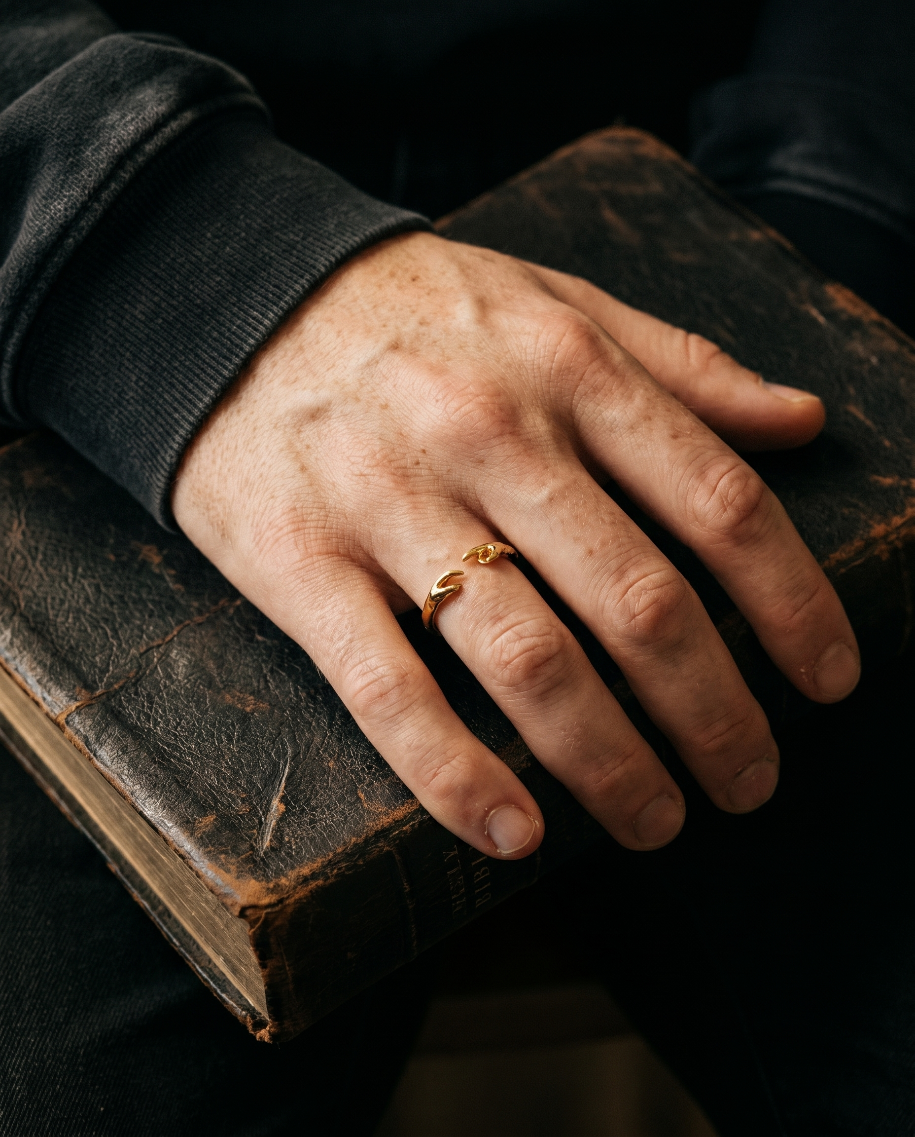 Unashamed — gold open band, crossed crucifixion-nail ends