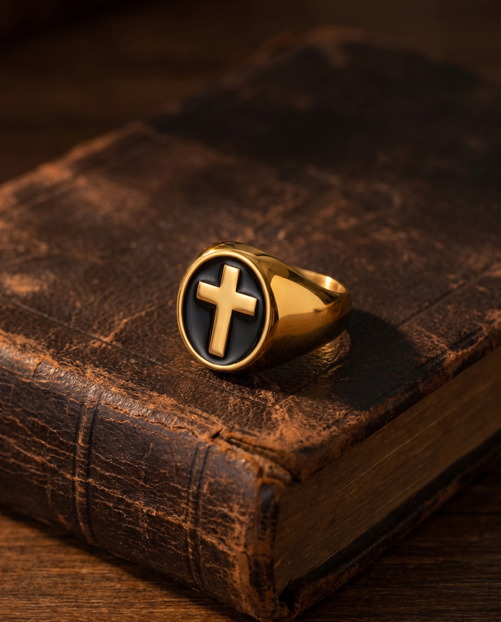 Onyx — gold cross on BLACK ONYX oval signet
