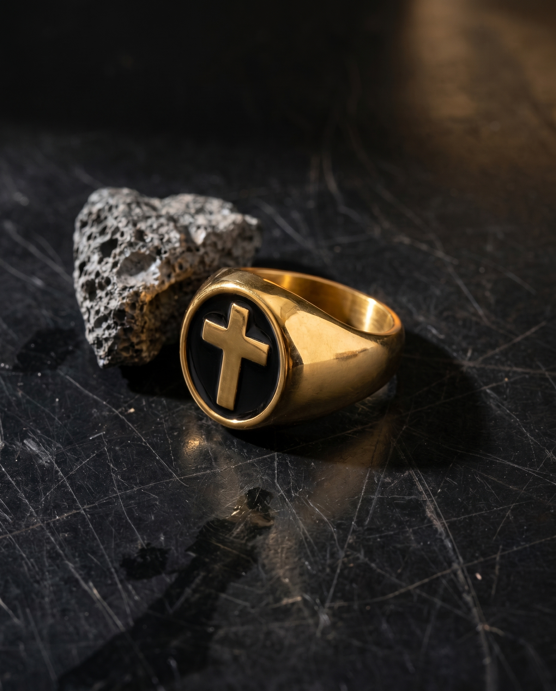 Onyx — gold cross on BLACK ONYX oval signet