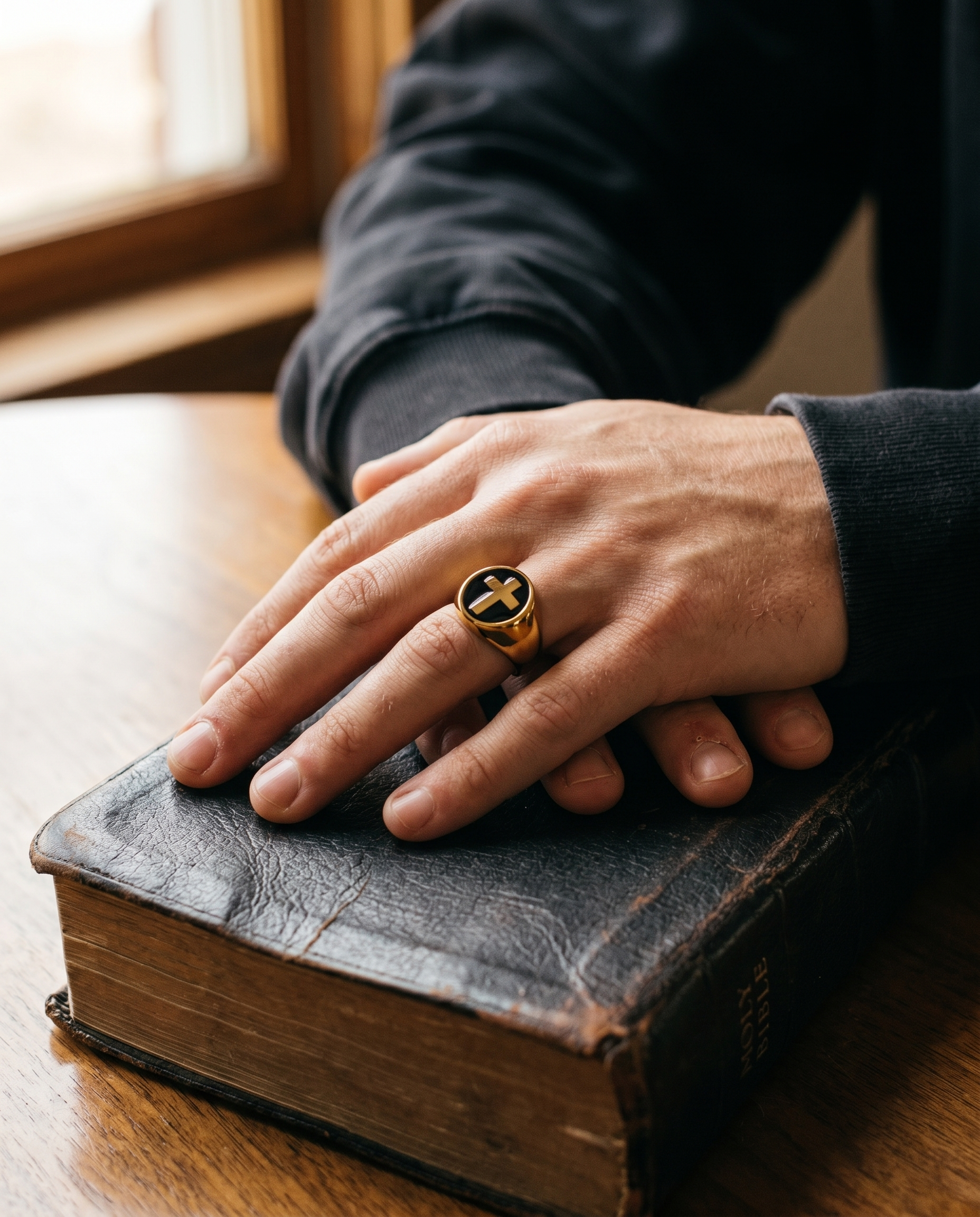 Onyx — gold cross on BLACK ONYX oval signet