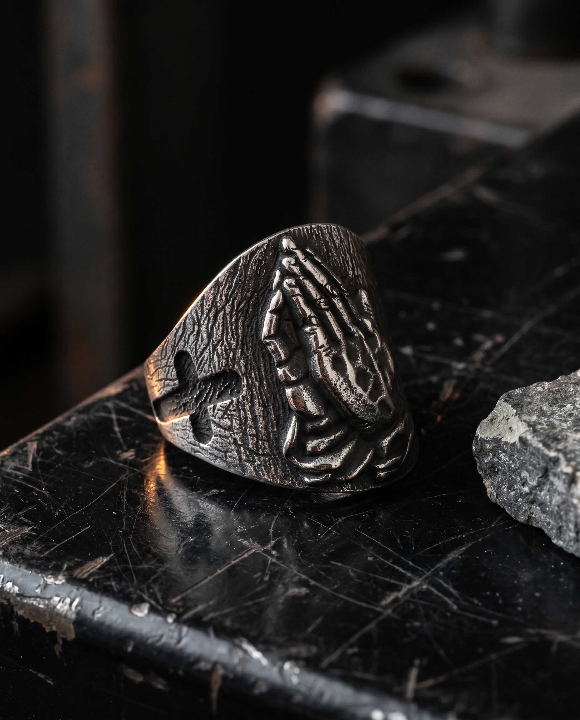 Intercession — black signet, PRAYING HANDS relief