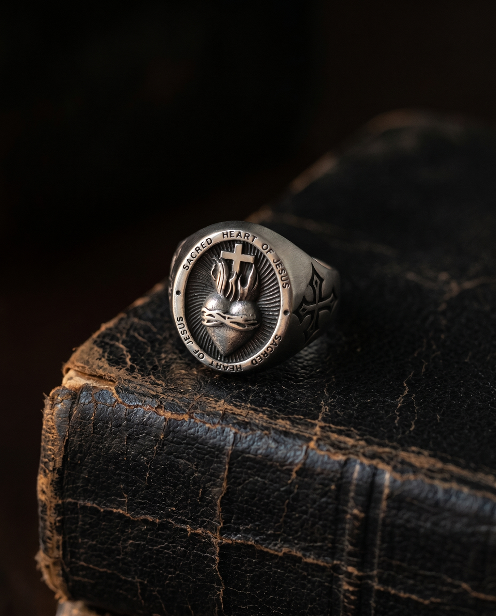 Sacred Heart — silver signet, flaming SACRED HEART ('Sacred Heart of Jesus')