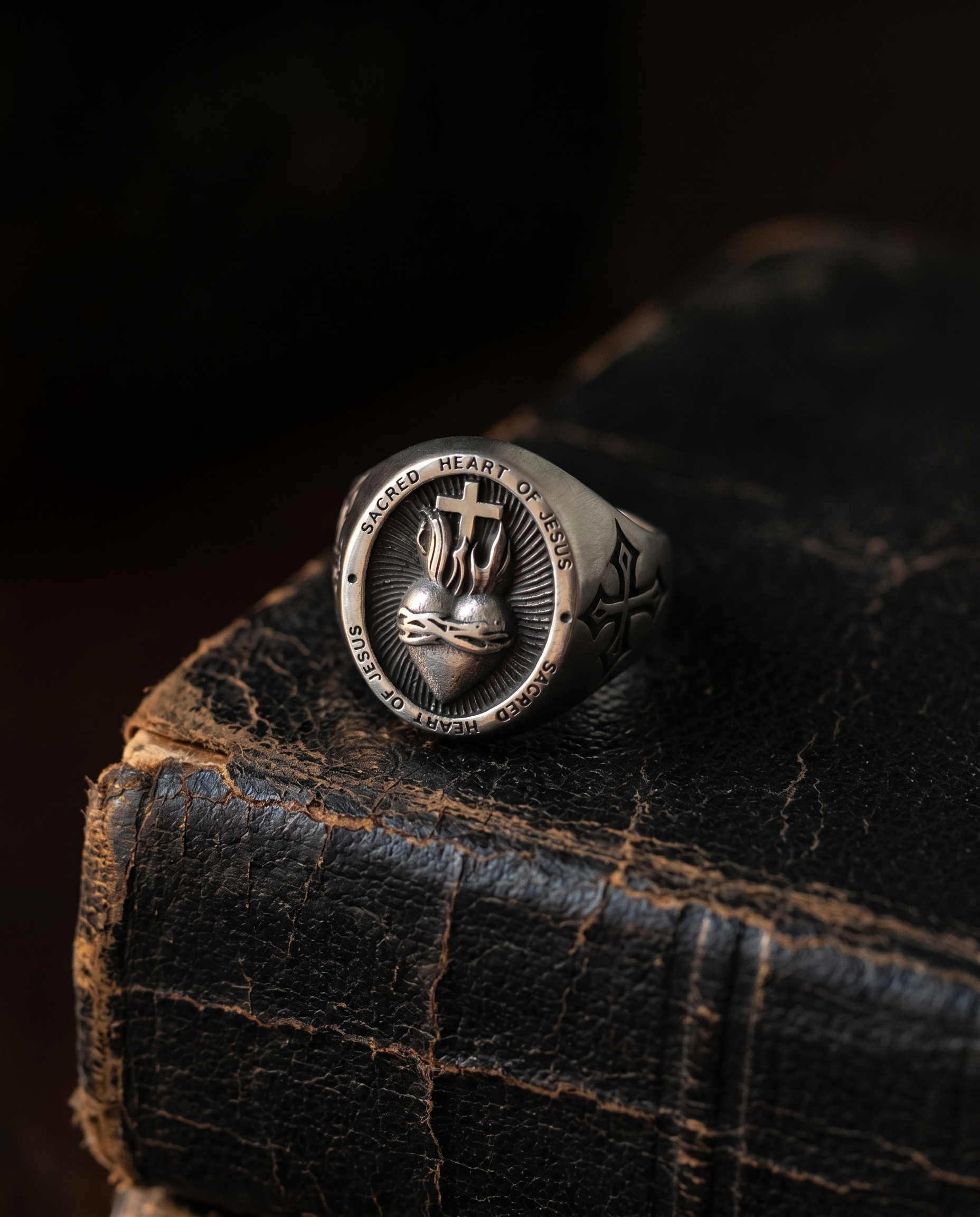Sacred Heart — silver signet, flaming SACRED HEART ('Sacred Heart of Jesus')