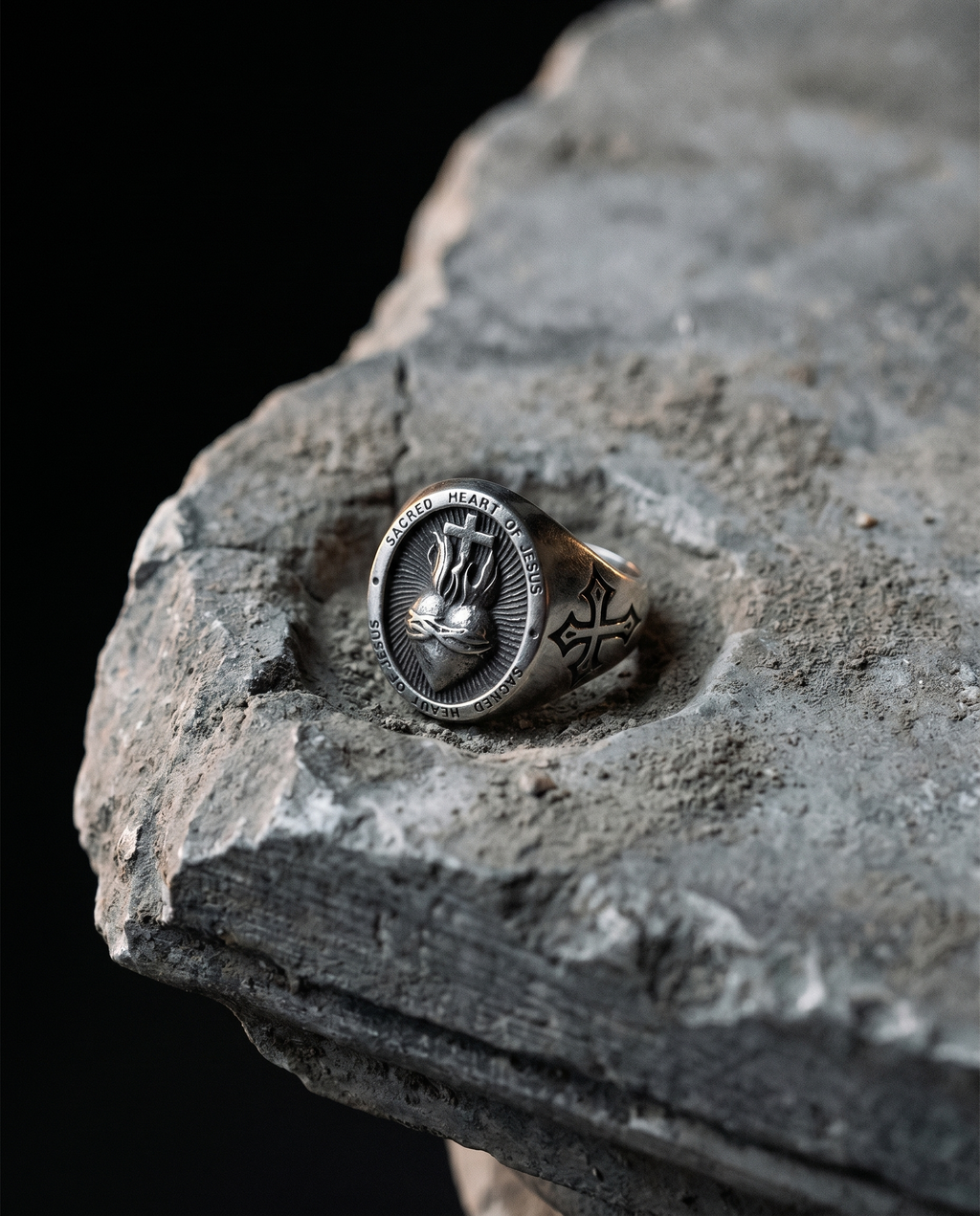 Sacred Heart — silver signet, flaming SACRED HEART ('Sacred Heart of Jesus')
