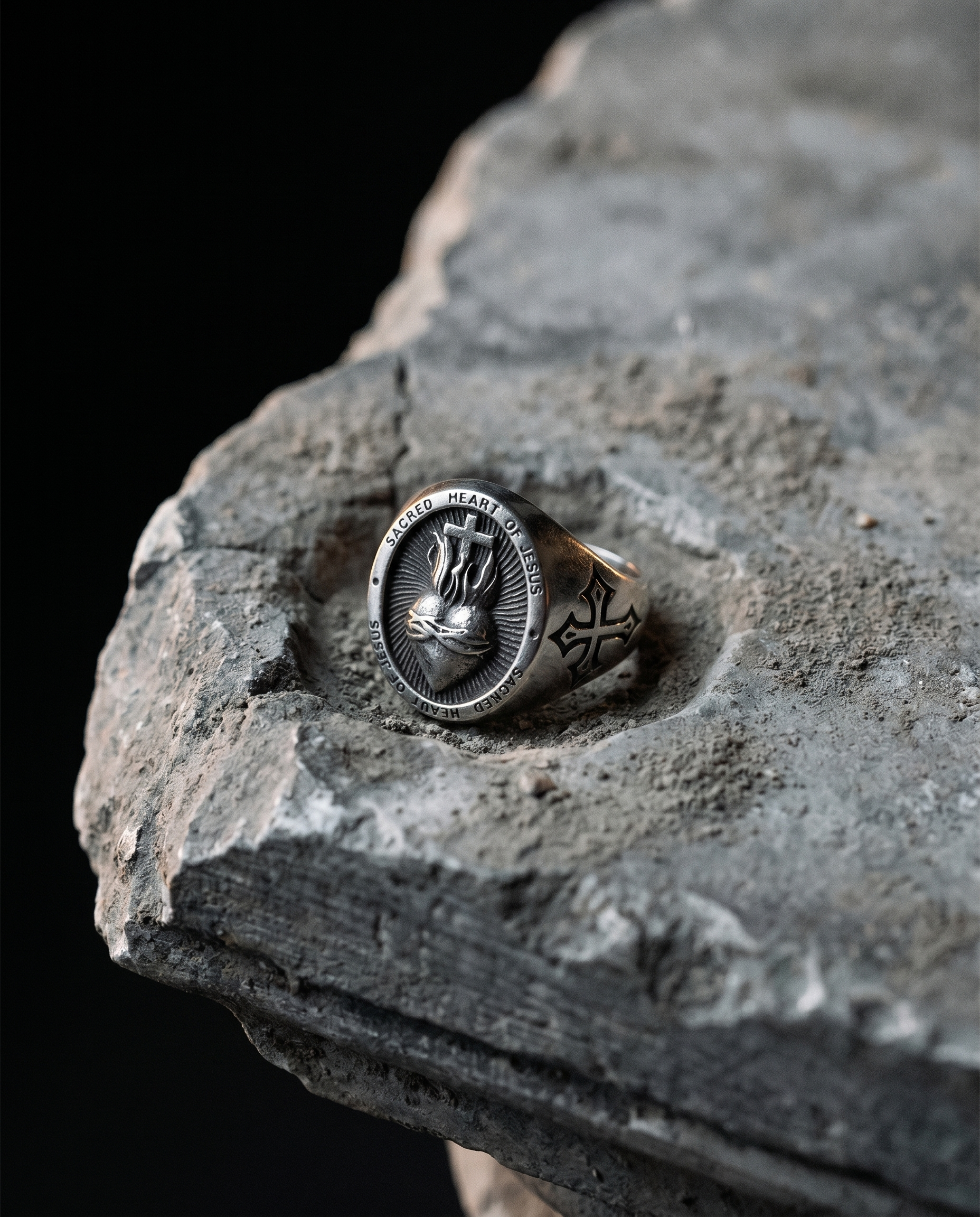 Sacred Heart — silver signet, flaming SACRED HEART ('Sacred Heart of Jesus')