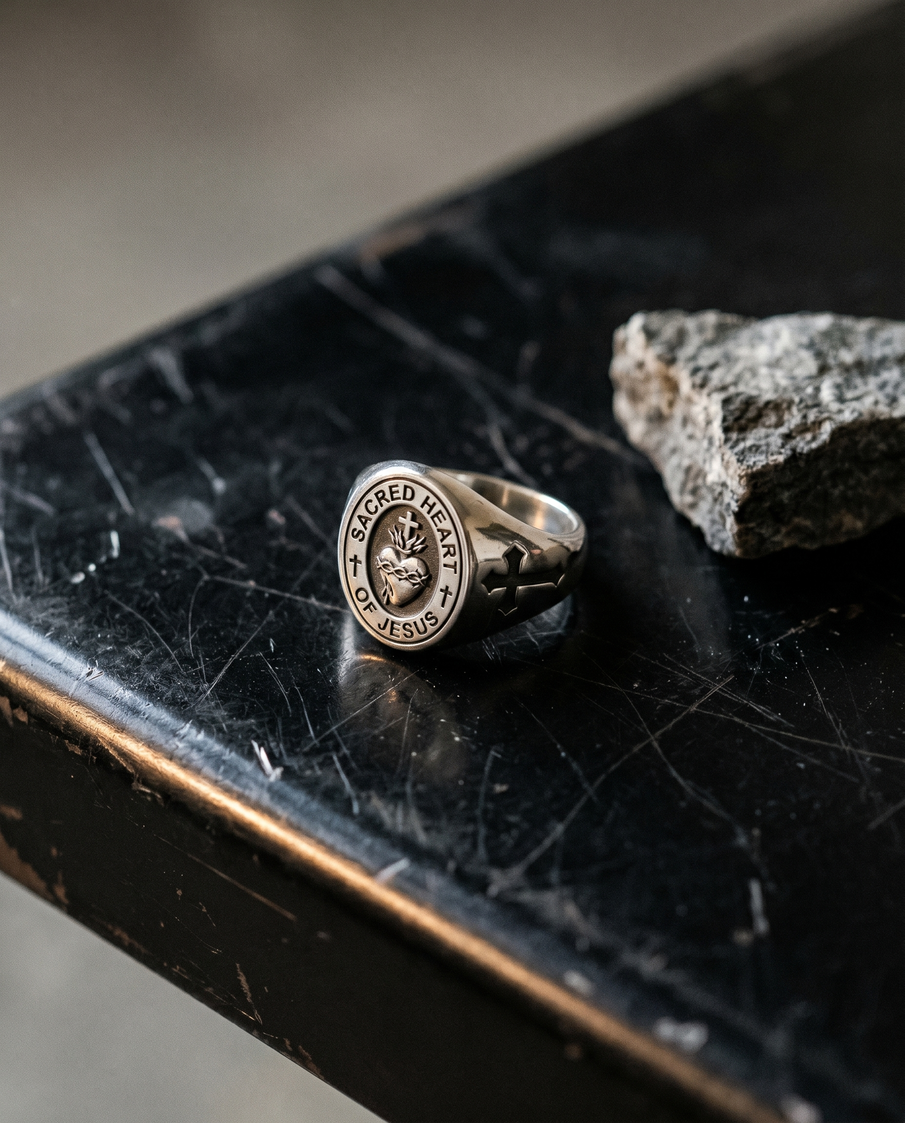 Sacred Heart — silver signet, flaming SACRED HEART ('Sacred Heart of Jesus')