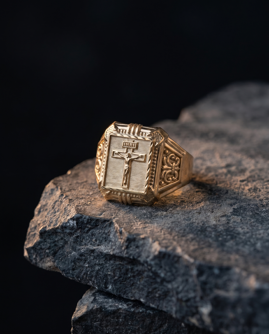 Pierced — gold signet, framed crucifix w/ INRI