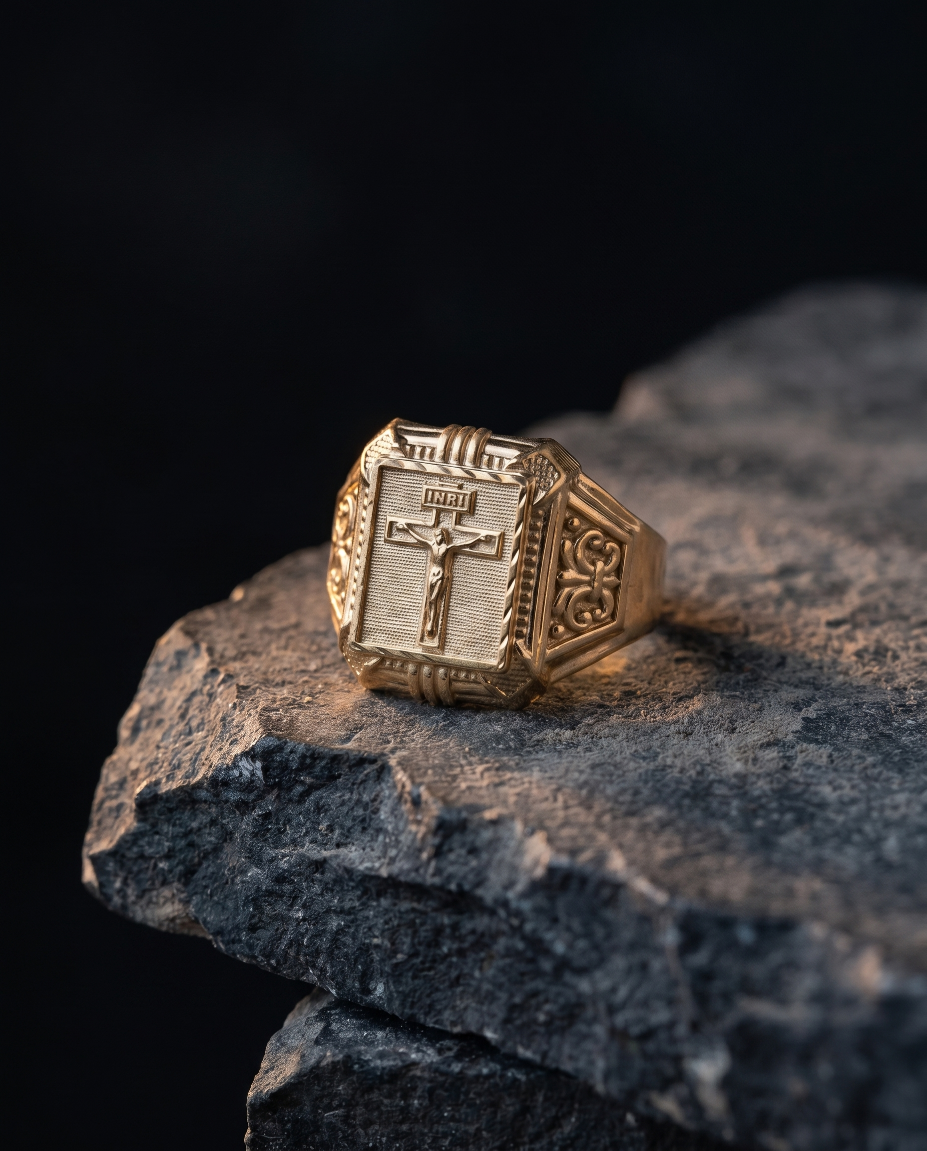 Pierced — gold signet, framed crucifix w/ INRI