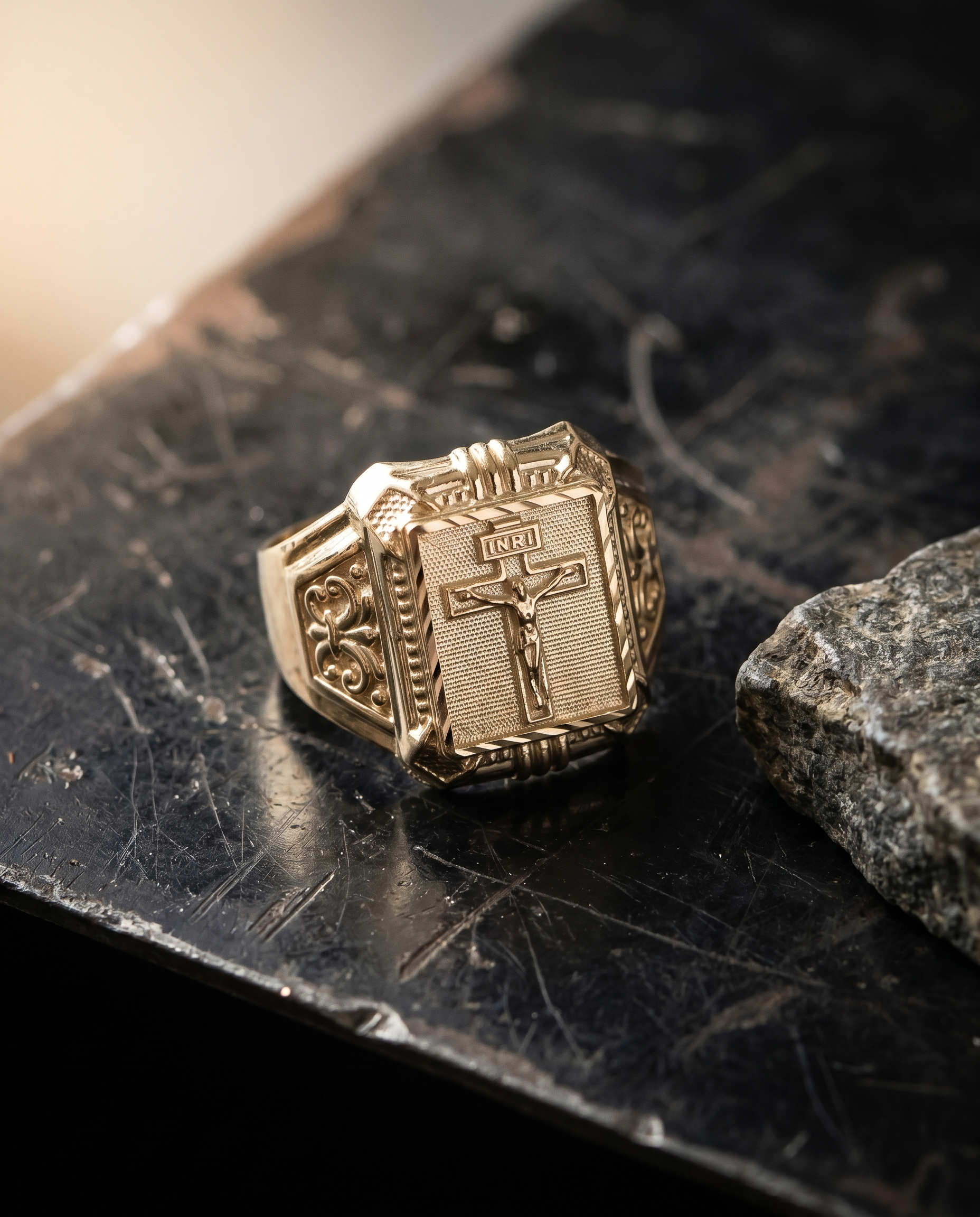 Pierced — gold signet, framed crucifix w/ INRI