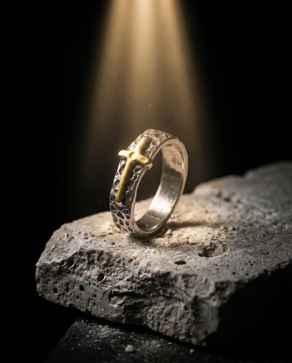Threshold — mixed hammered band, small gold cross