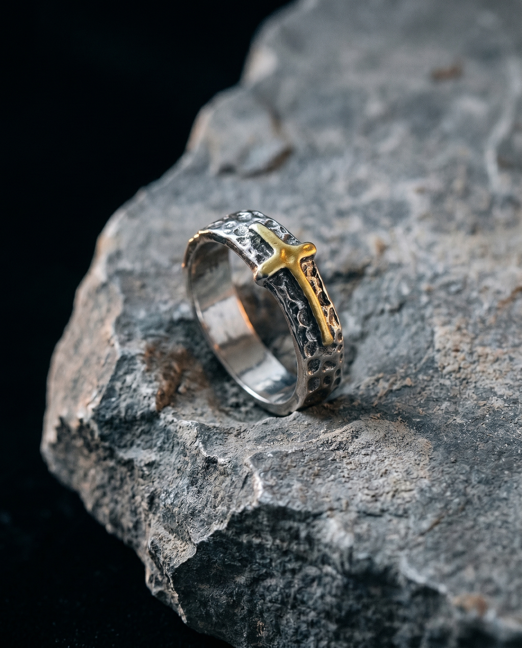 Threshold — mixed hammered band, small gold cross