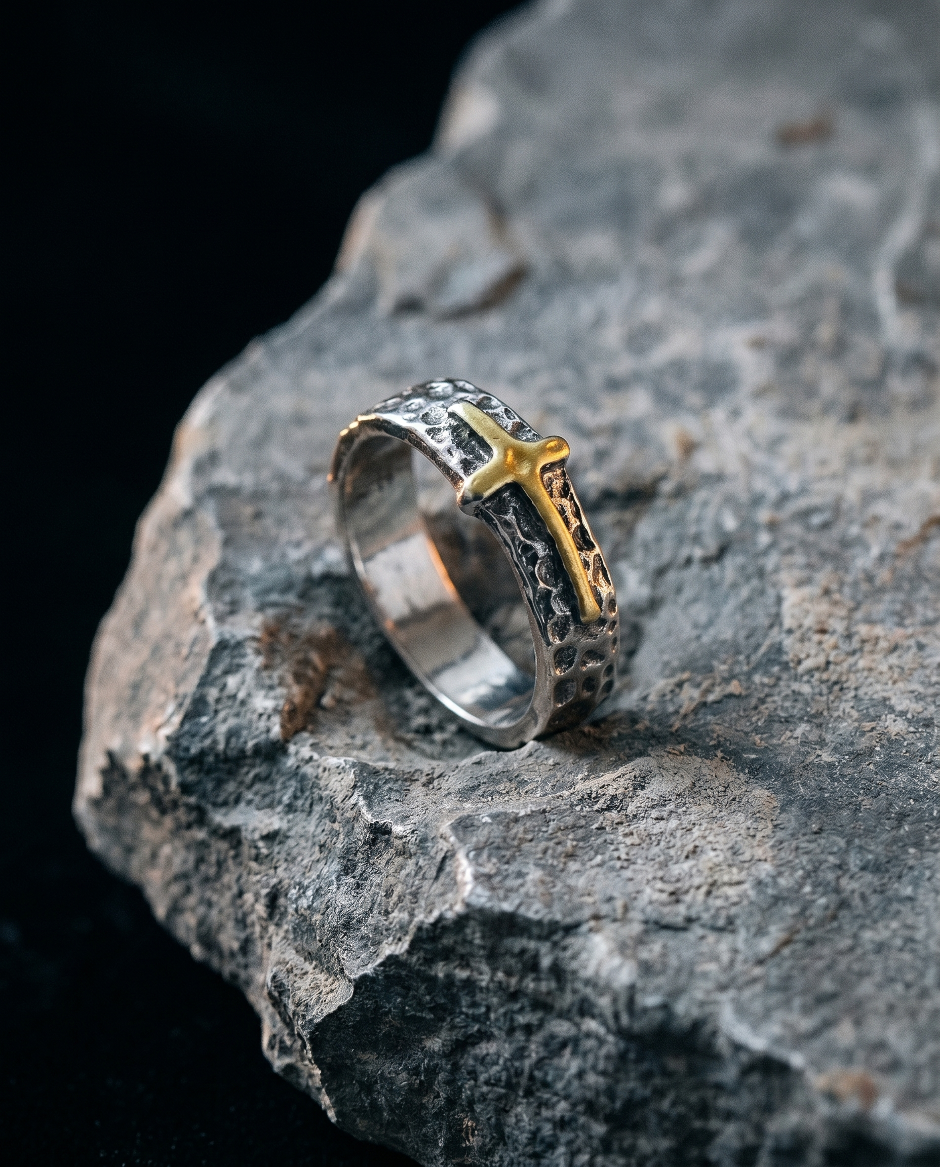 Threshold — mixed hammered band, small gold cross