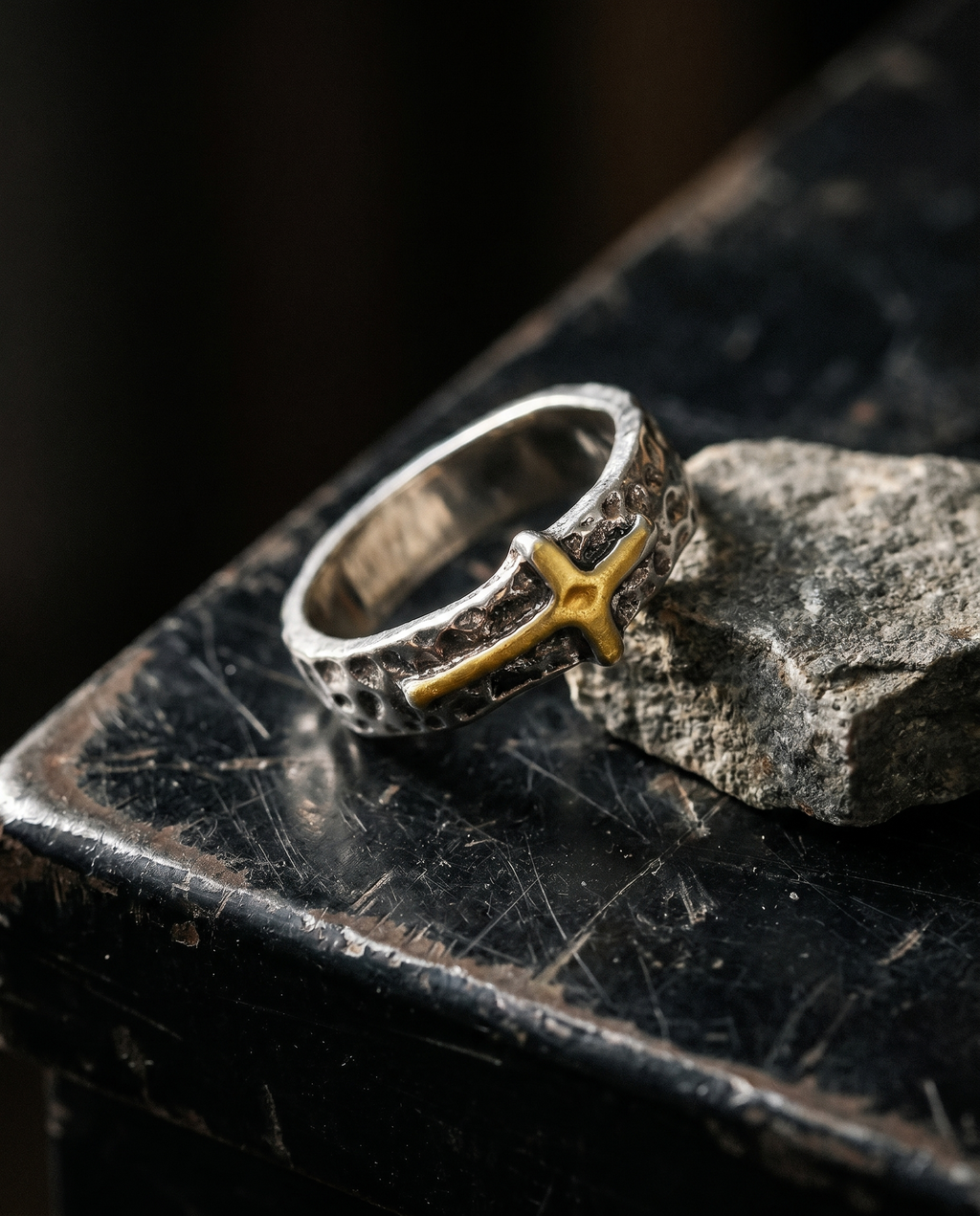 Threshold — mixed hammered band, small gold cross