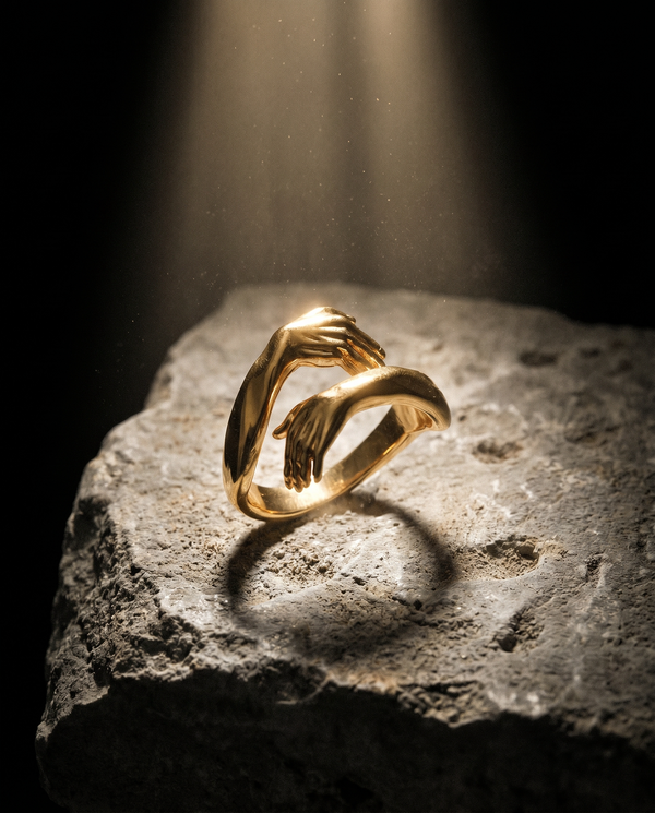 Covenant — gold sculptural band, TWO HANDS clasping