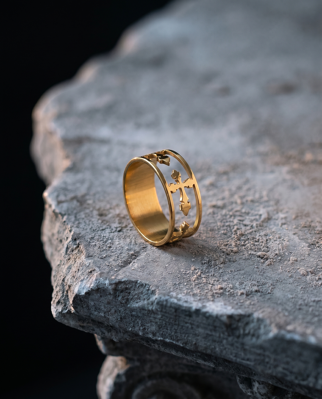Ceaseless — gold openwork band of cut-out crosses
