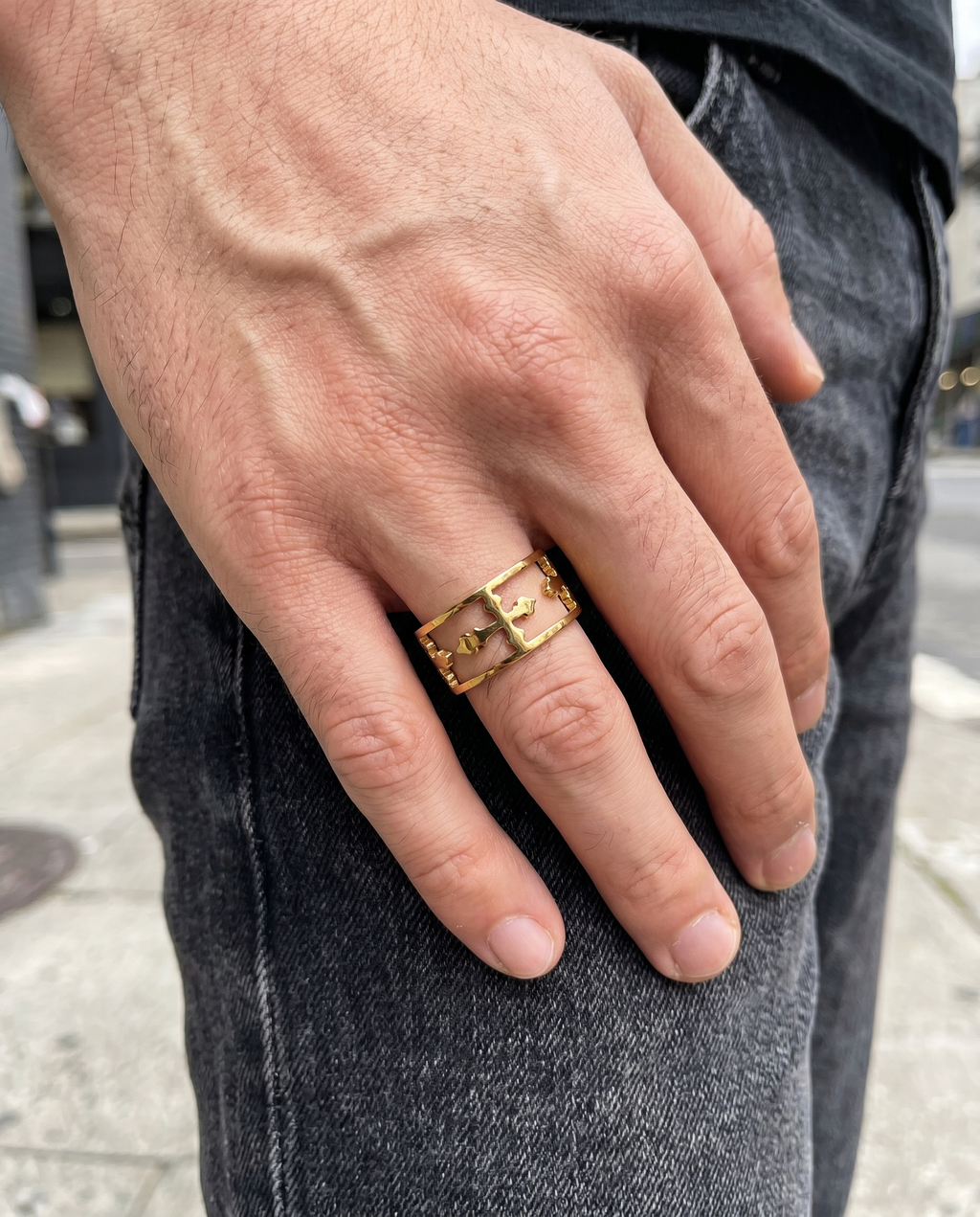 Ceaseless — gold openwork band of cut-out crosses