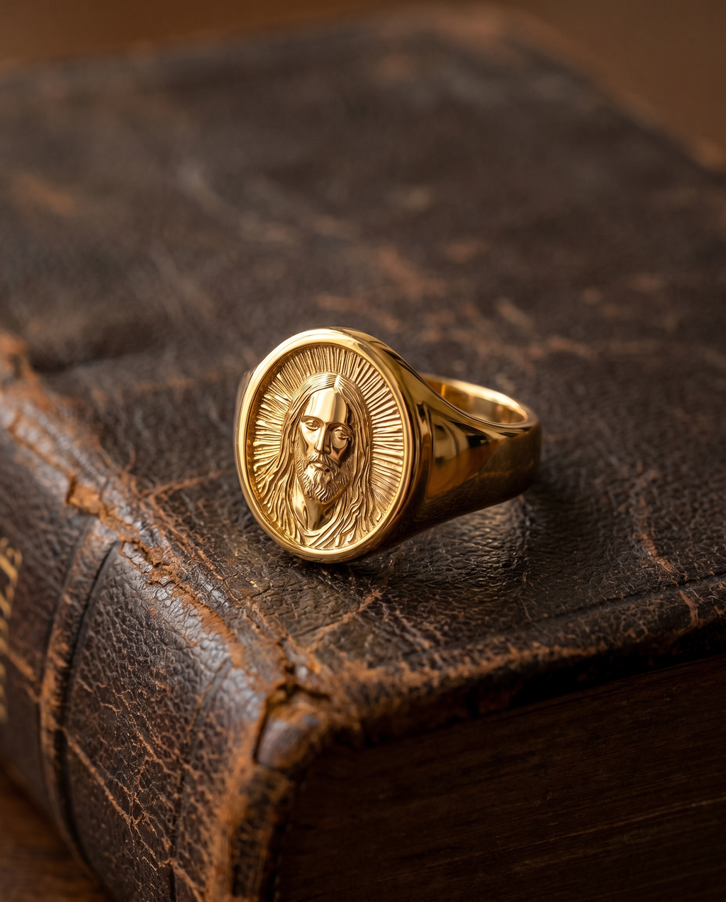 King Of Kings — silver oval signet, Christ bust + radiant halo
