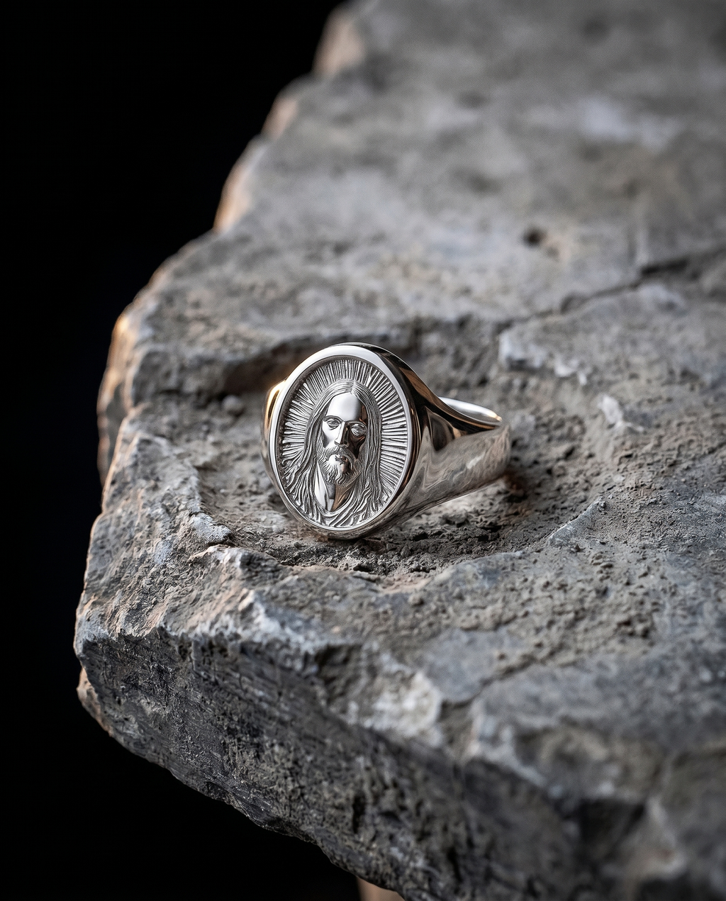 King Of Kings — silver oval signet, Christ bust + radiant halo