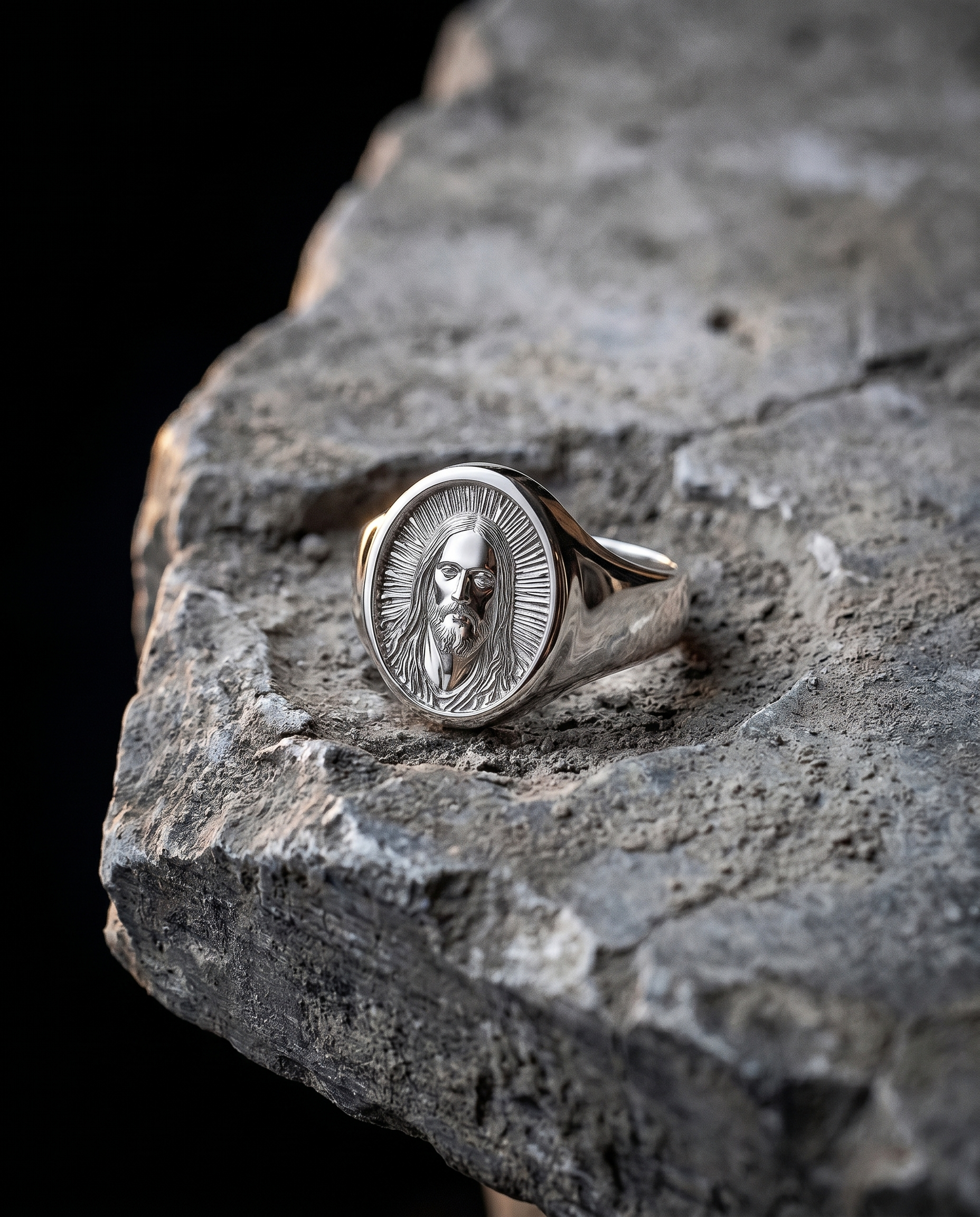 King Of Kings — silver oval signet, Christ bust + radiant halo