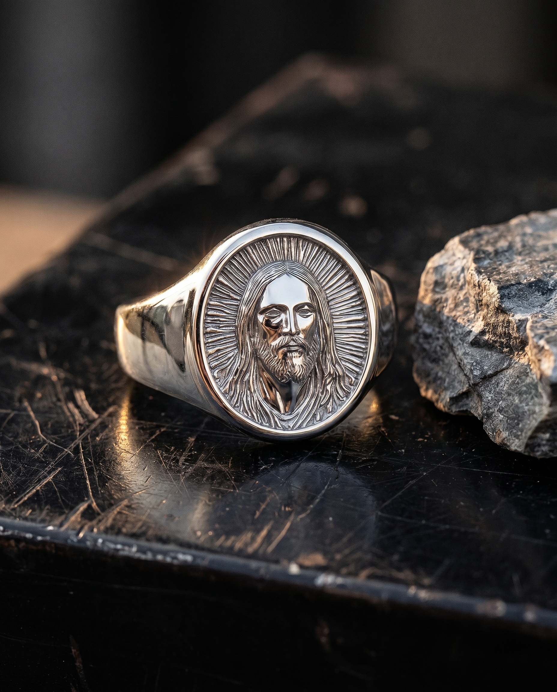 King Of Kings — silver oval signet, Christ bust + radiant halo
