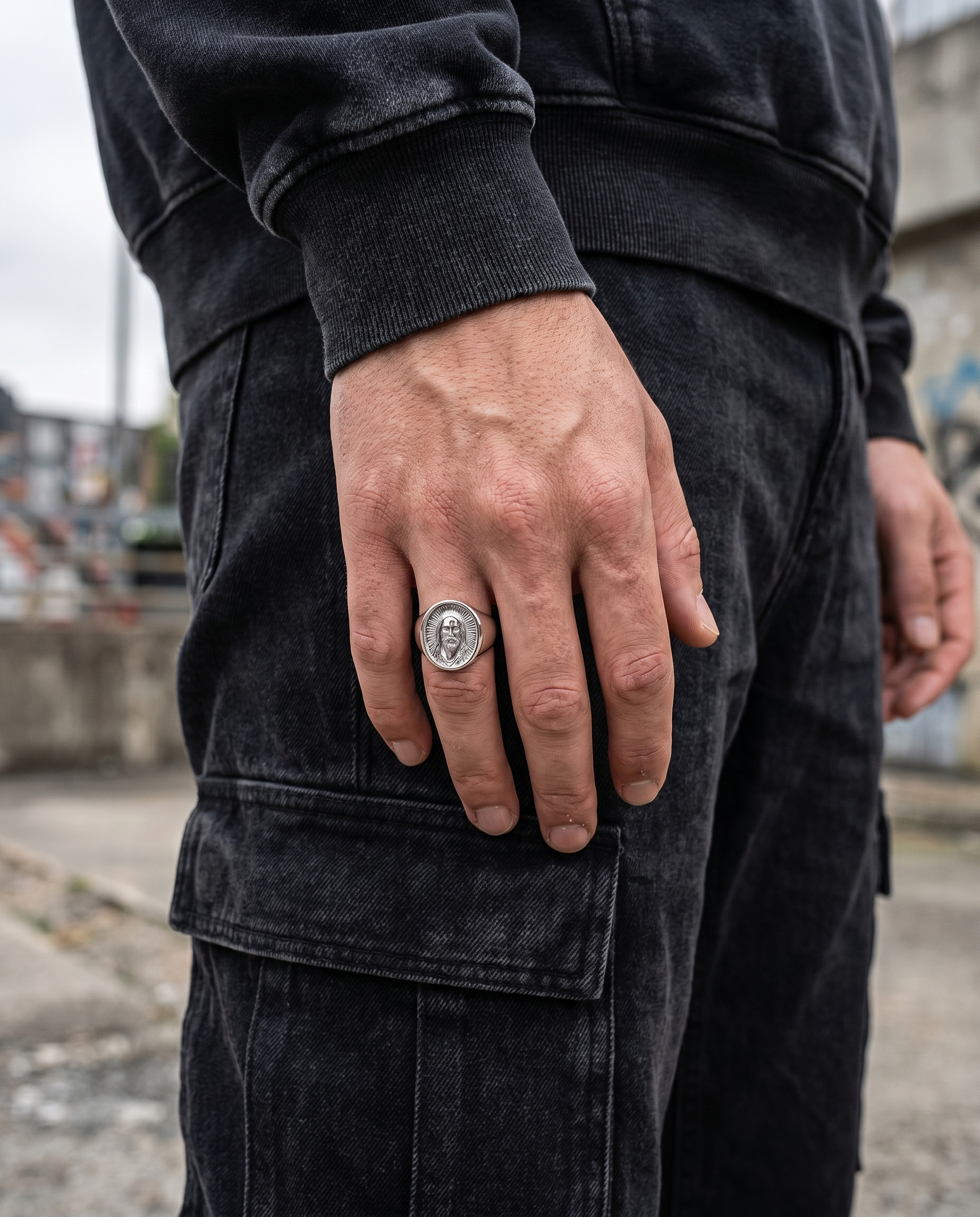 King Of Kings — silver oval signet, Christ bust + radiant halo