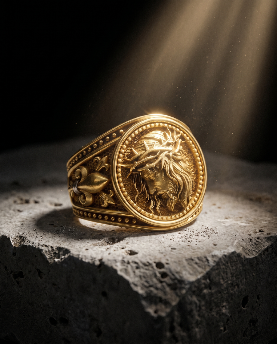 Conqueror — gold oval signet, roaring LION head