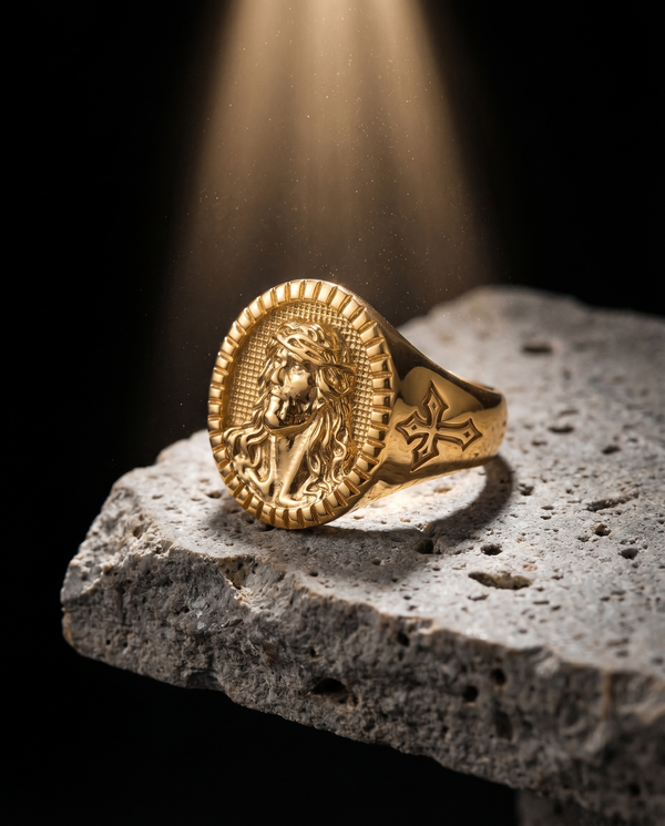 Icon — gold oval signet, Christ BUST + cross shank