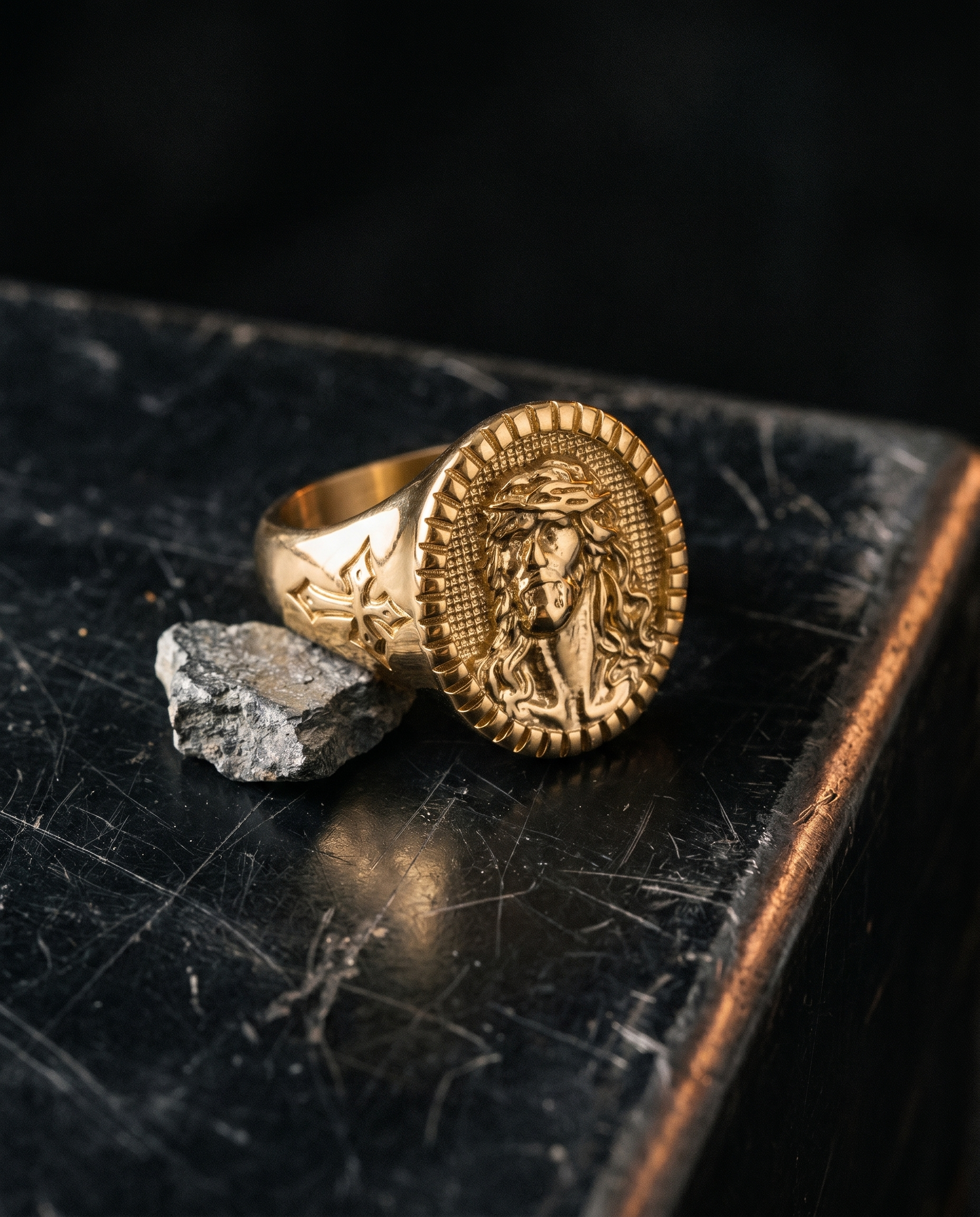 Icon — gold oval signet, Christ BUST + cross shank
